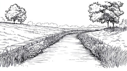 Streamside landscape design, rural scene, grassy banks, nature