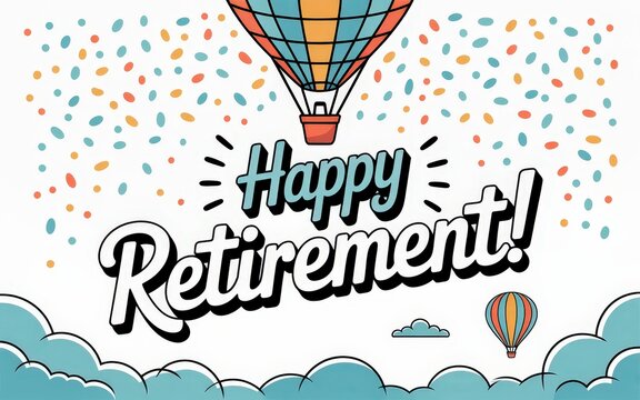 Colorful hot air balloon with 'Happy Retirement!' text.