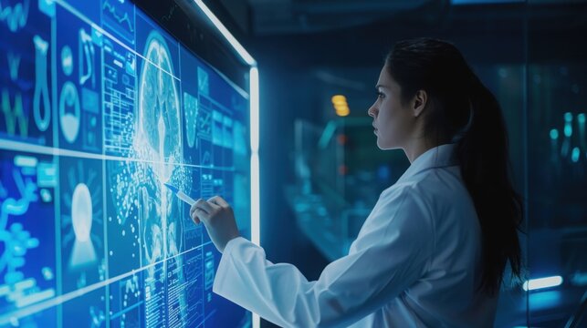 Woman in lab coat analyzing brain scans on a large interactive display in a dark laboratory