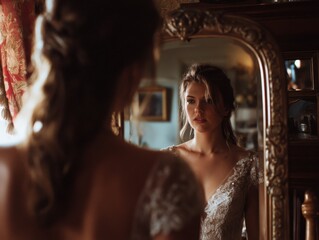 A young woman admires her reflection in an antique mirror, her wedding dress shimmering in the soft light.  A moment of quiet contemplation before the big day.