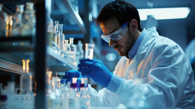 A scientist in a lab coat and safety glasses examines test tubes on a shelf with blue gloves on hands