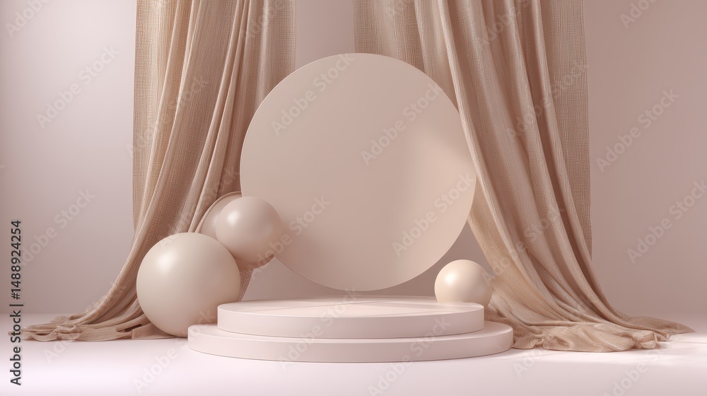 Aufkleber minimalist stage with soft drapes and geometric shapes in neutral tones for modern design and displa