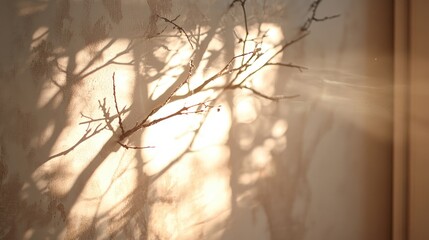 Obraz premium Sunlight casts intricate shadows of branches on a light beige wall.