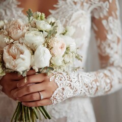 A bride's hands gently hold a bouquet of creamy white and blush pink peonies and roses.  Elegant lace sleeves add to the romantic feel.