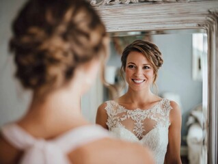 A bride admires her wedding dress in a mirror, showcasing her beautiful smile and elegant hairstyle.