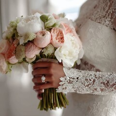 A bride with dark skin holds a bouquet of white and peach roses, peonies, and ranunculus.  Elegant and romantic.
