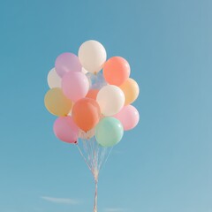 A cluster of pastel-colored balloons floats against a clear blue sky.  Light and airy, perfect for celebrating.