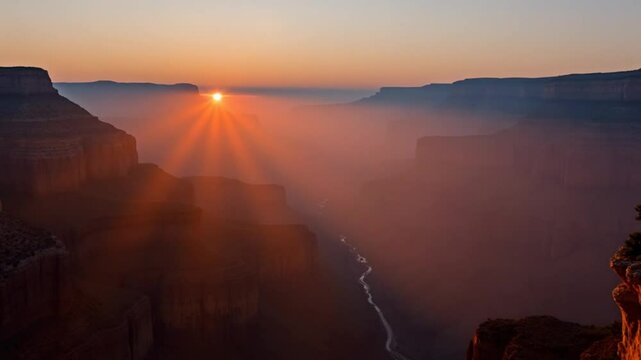 Grand Canyon National Park in fog at sunset