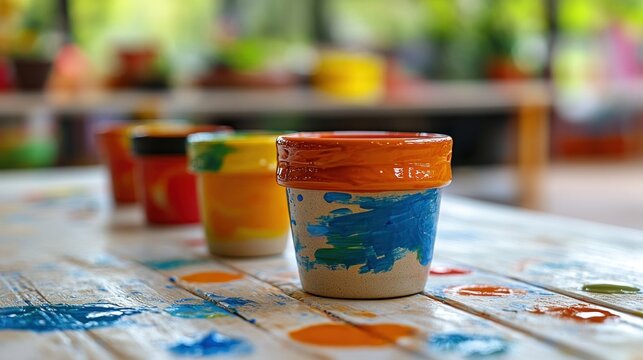 Painted terracotta pots on a weathered wooden table