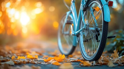 Fototapeta premium Pastel blue bike in autumn leaves