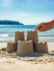 Child builds a sandcastle on a sunny beach with soft sand and ocean waves in the background, capturing a joyful summer childhood memory
