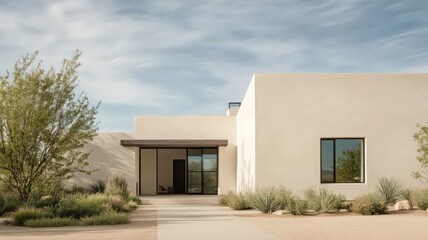 Fototapeta premium Sleek Modern Farmhouse Exterior with White Stucco Walls