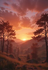 Fototapeta premium Vibrant sunset paints sky above tranquil valley, distant trees silhouetted against fiery hues, twilight, sunset