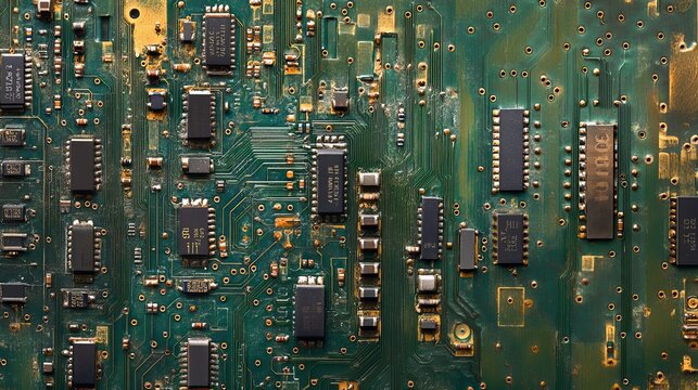 Detailed Green Circuit Board Technology Background Electronic Components Microchips Hardware Digital Technology Closeup Image High Resolution Texture Pattern    - Powered by Adobe