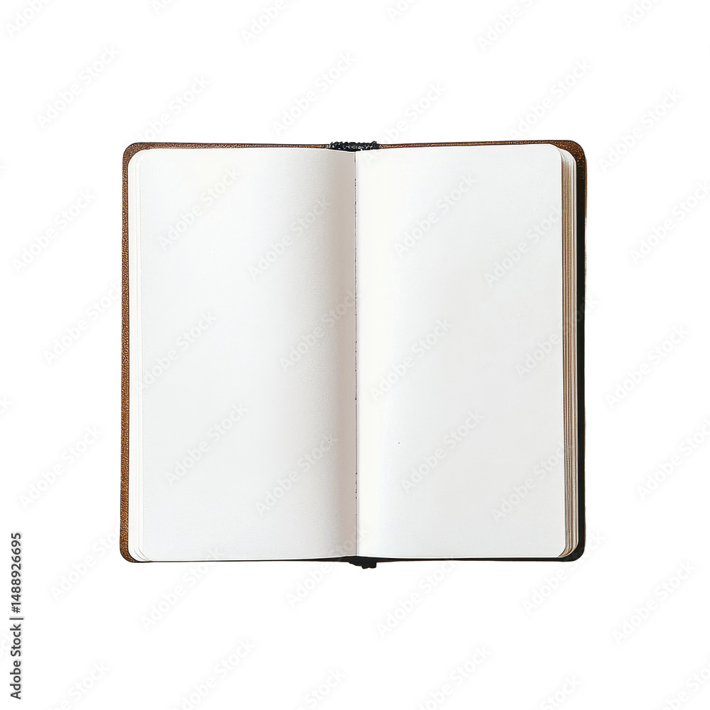 Poster blank notebook resting on a smooth white surface ready for writing or sketching creative ideas, open
