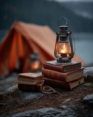 A vintage lantern illuminates a stack of old books near a campsite, creating a warm, inviting atmosphere.
