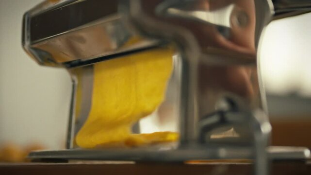 Fresh yellow pasta is being rolled through a traditional pasta machine in a bright kitchen. It is early morning, and the atmosphere is warm and inviting, filled with the aroma of homemade food