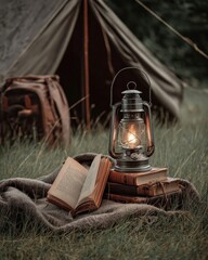 A glowing lantern illuminates an open book resting on a blanket near a vintage tent, creating a cozy and atmospheric scene.