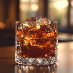 Crystal tumbler with brown drink and ice cubes