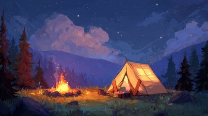 Cozy camping scene under a starry night sky. A warm fire crackles near a glowing tent in a tranquil forest setting.