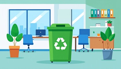 Modern office interior with recycling bin, plants, desk setup, and large windows allowing natural light for a sustainable workspace