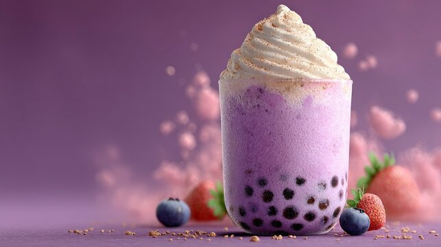 Refreshing Bubble Tea with Whipped Cream and Fresh Berries