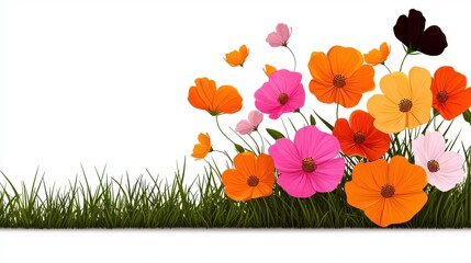 Colorful Wildflowers Blooming in Green Grass Against White Background
