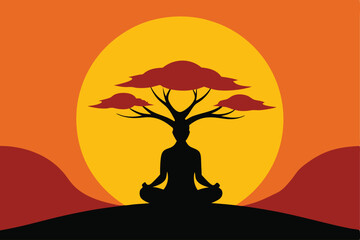 Spooky Halloween tree silhouette at sunset with bats flying across the orange sky, a vector illustration for a dark autumn landscape