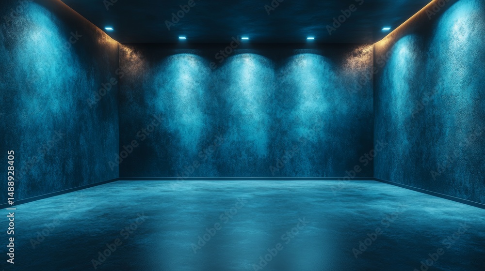 Poster an empty room with a dark blue studio background, grey concrete floor, and soft blue lighting provid