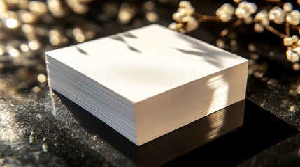 Fototapeta premium The branding business cards mockup template is positioned on a background of black soundproof foam, accompanied by deep shadows, in a real photograph, with a blank isolated area for your design