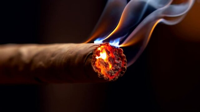Macro view of a lit cigar with glowing tip and drifting smoke, set against a soft-focus bokeh backdrop, perfect for no tobacco day