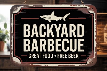 Retro 'Backyard Barbecue' sign with shark graphic.