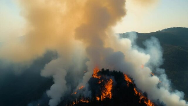 Aerial view of big smoke clouds and fire on the field. Aerial drone flight over burning hill side with thick white smoke blown off frame