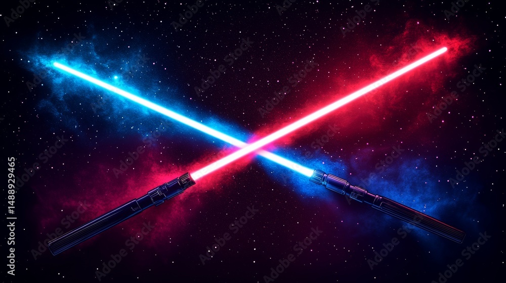 Poster an image of two crossed light swords in combat is depicted in a modern illustration, featuring inter