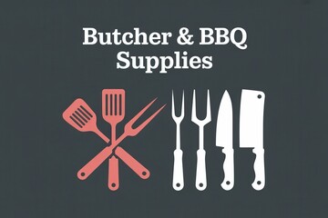 Fototapeta premium Illustration of BBQ and butcher tools on dark background.