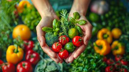Fototapeta premium Close-up of hands holding fresh vegetables and herbs, symbolizing healthy eating, organic farming, and food safety for a nutritious lifestyle. 