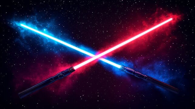 An image of two crossed light swords in combat is depicted in a modern illustration, featuring intersecting blue and red lasers, and these elements can be applied to various design endeavors