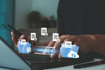 Transfer file data system relocation on cloud system technology concept, security access to backup...