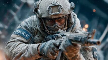 Tactical Police Officer in Snowy Combat Gear with Weapon Ready for Action