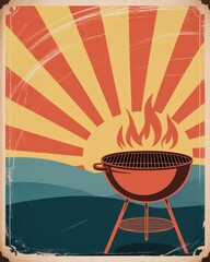 Retro poster of a barbecue at sunset.