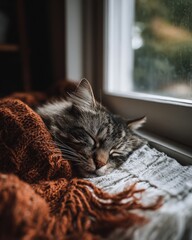 A gray tabby cat naps peacefully under a cozy, rust-colored knit blanket near a sunlit window.