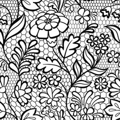 Seamless Black Vintage Lace Pattern with Floral Motifs