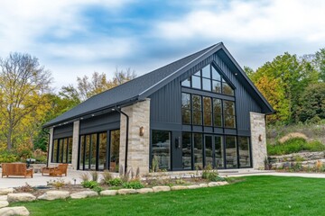 Obraz premium Modern architectural design features large glass windows and stone exterior in a serene landscape surrounded by autumn trees