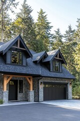 Modern house exterior surrounded by tall evergreen trees featuring stone and wood details in a serene forest setting during daylight hours