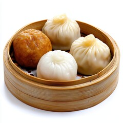 Four Steamed Creamy White Dumplings in a Light Brown Bamboo Steamer