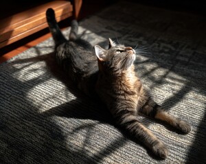A tabby cat stretches out on a carpet, bathed in sunlight. The cat looks up, seemingly enjoying the warmth.