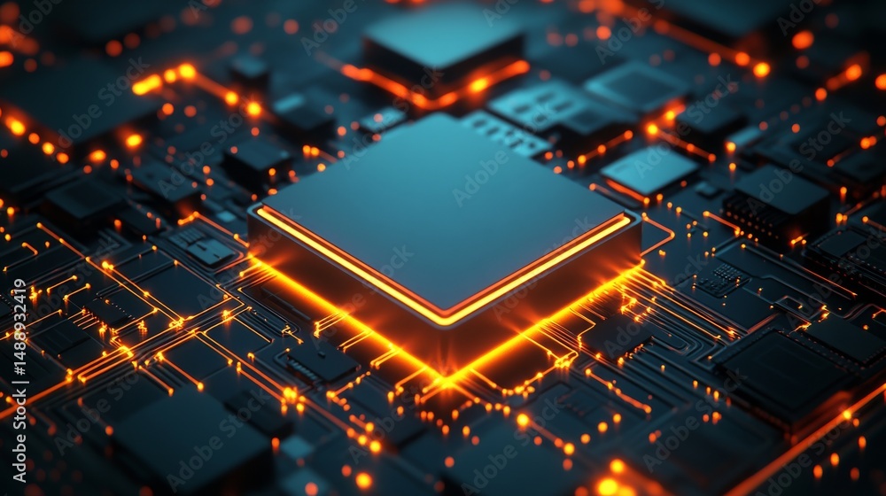 Poster a motherboard or circuit board typically features a monochrome electronic cpu digital chip, along wi