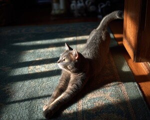 Gray cat stretches languidly in a sunbeam on a teal rug.  Peaceful morning scene.