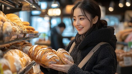 A young woman smiles as she examines loaves of freshly baked bread in a bakery