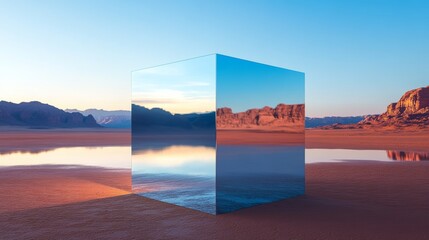 A mirrored structure in the AlUla desert of Saudi Arabia mirrors its environment